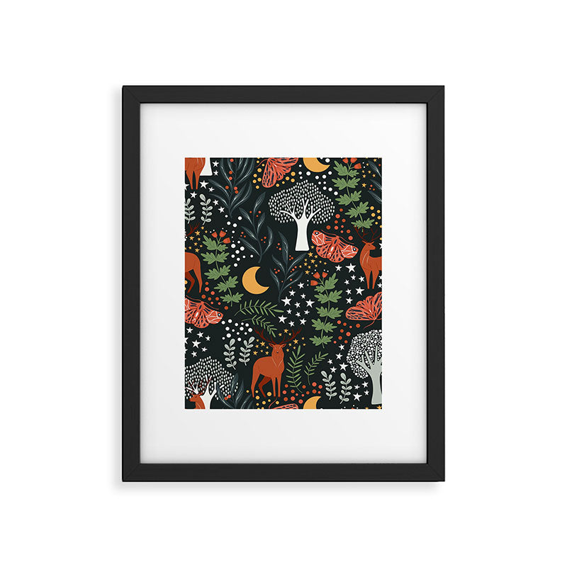 Full-Moon forest: Whimsical Woodland Nightscape with Deer and Moths Framed Art Print Gallery Image 6