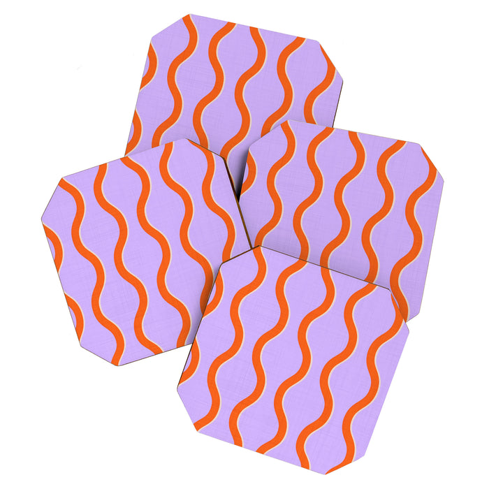 Wavy Lines Tangerine Orange, Lavender Purple, Bold Retro Modern Home Decor Coaster Gallery Image 1