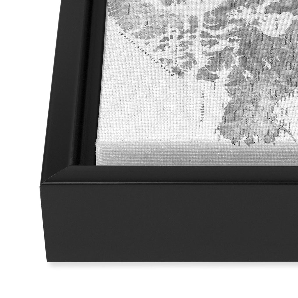 Adventure awaits... detailed world map in grayscale watercolor Framed Canvas Print Gallery Image 3