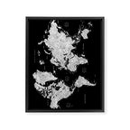 Black and grey watercolor world map with cities Framed Canvas Print Gallery Image 8