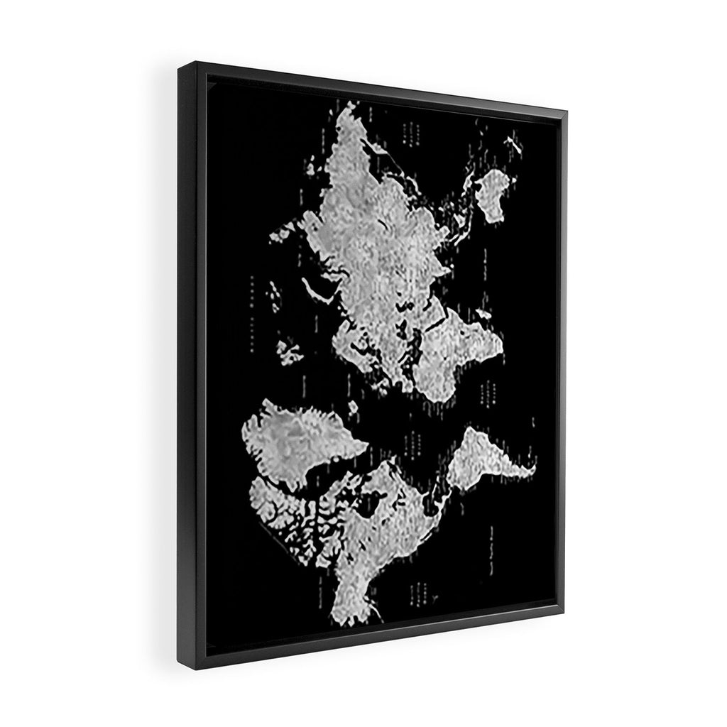 Black and grey watercolor world map with cities Framed Canvas Print Gallery Image 2