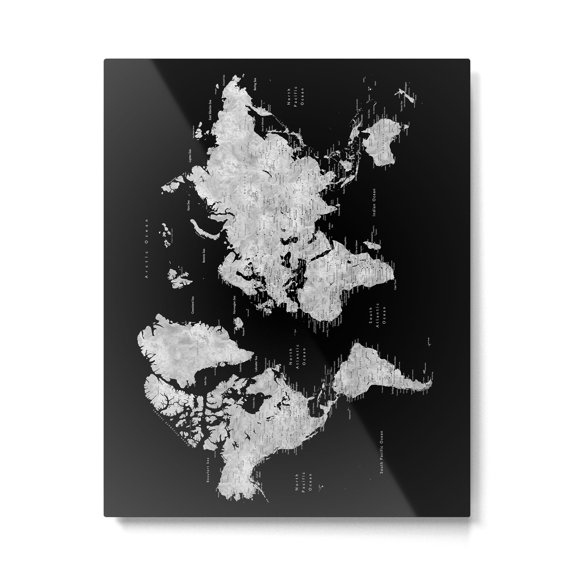 Black and grey watercolor world map with cities Metal Print Gallery Image 6