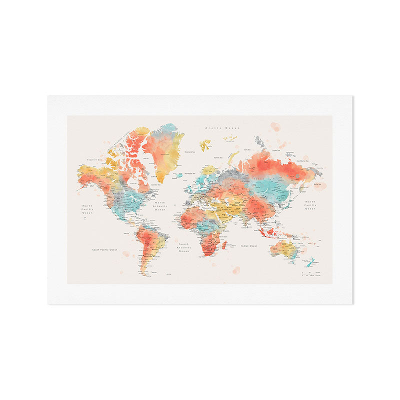 Colorful watercolor world map with cities Art Print Gallery Image 1