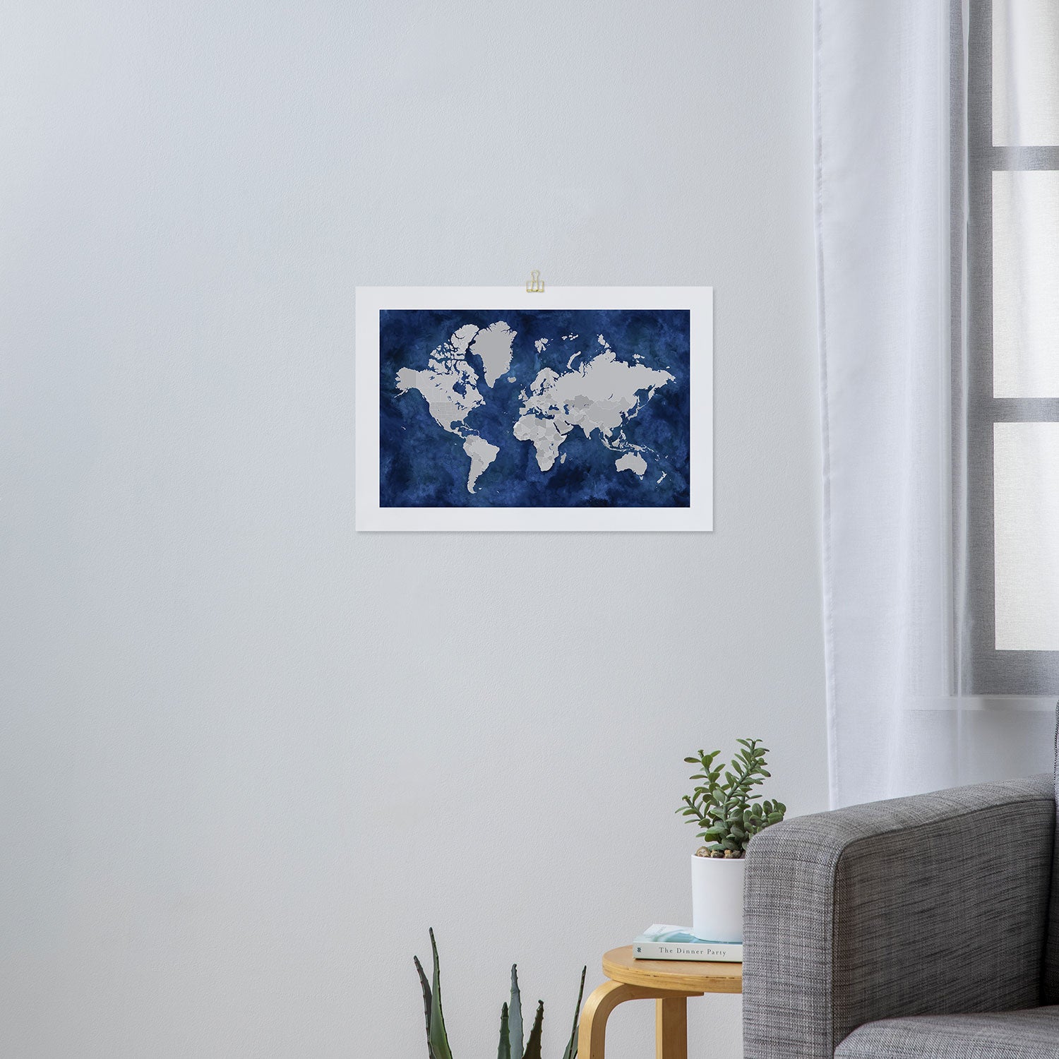 Dark blue watercolor and grey world map Art Print Gallery Image 3