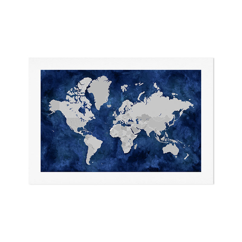 Dark blue watercolor and grey world map Art Print Gallery Image 1