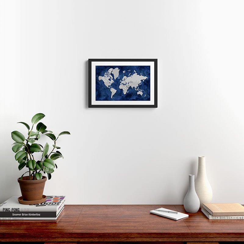 Dark blue watercolor and grey world map Framed Art Print Gallery Image 2