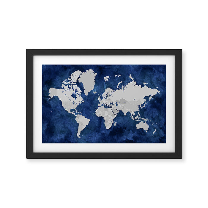 Dark blue watercolor and grey world map Framed Art Print Gallery Image 1