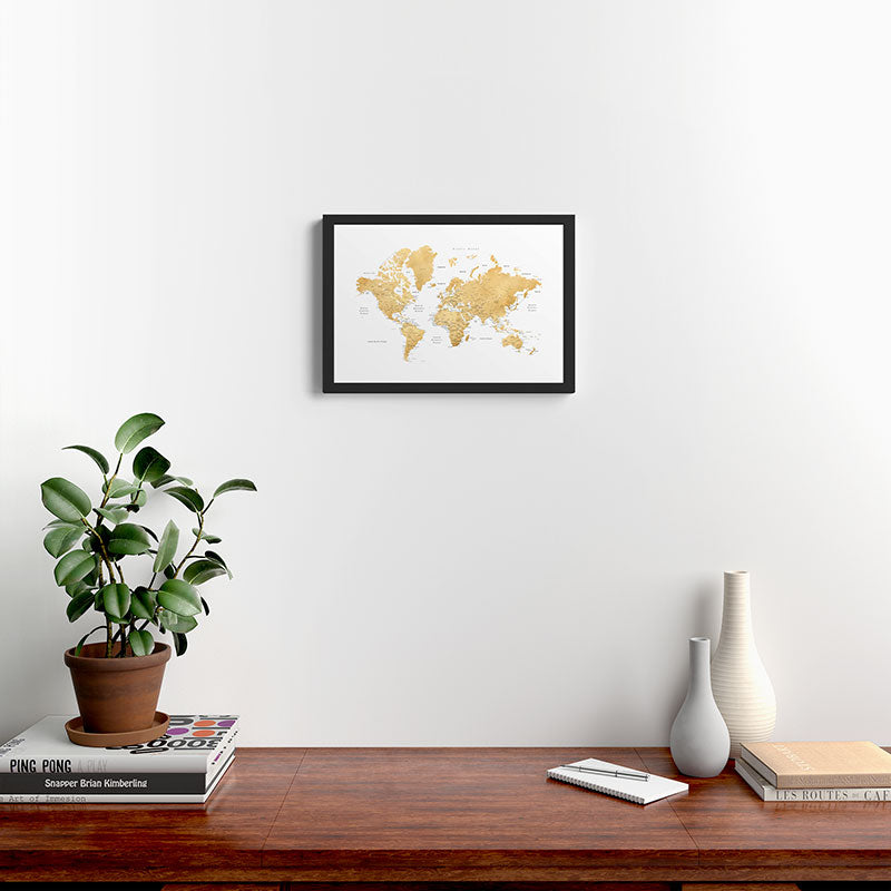Gold world map with cities Framed Art Print Gallery Image 2