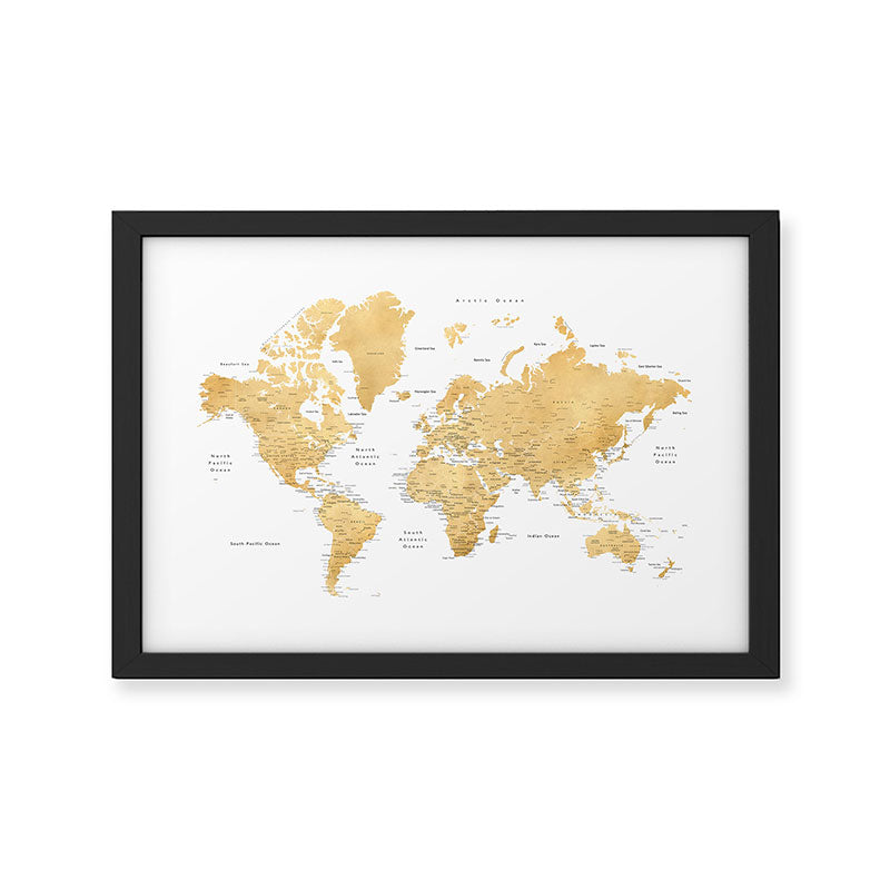 Gold world map with cities Framed Art Print Gallery Image 2