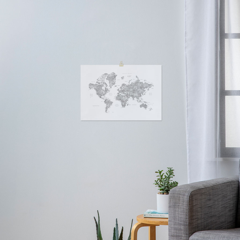 Grayscale watercolor world map with cities Art Print Gallery Image 3