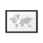 Grayscale watercolor world map with cities Framed Art Print Gallery Image 2