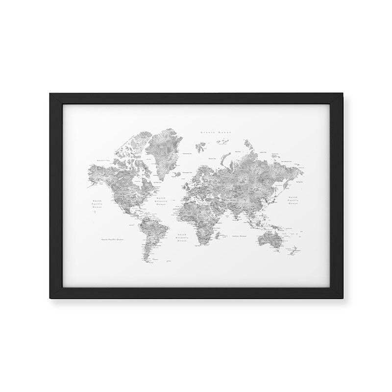 Grayscale watercolor world map with cities Framed Art Print Gallery Image 2