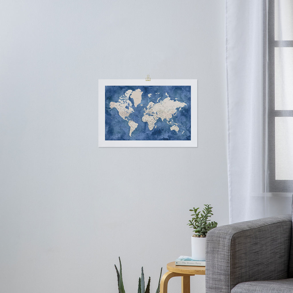 Light brown and blue watercolor detailed world map Art Print Gallery Image 3