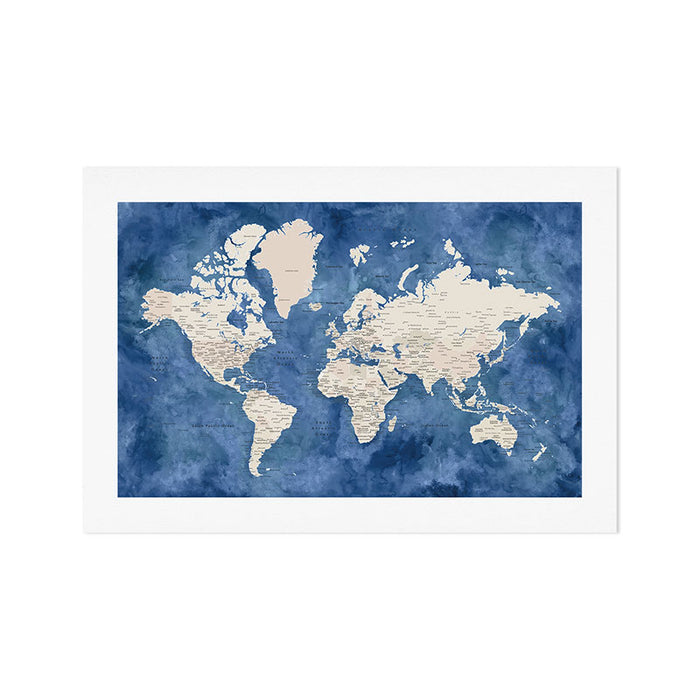 Light brown and blue watercolor detailed world map Art Print Gallery Image 1