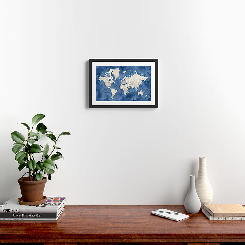 Light brown and blue watercolor detailed world map Framed Art Print Gallery Image 2