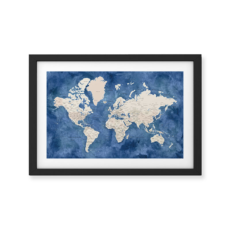 Light brown and blue watercolor detailed world map Framed Art Print Gallery Image 2