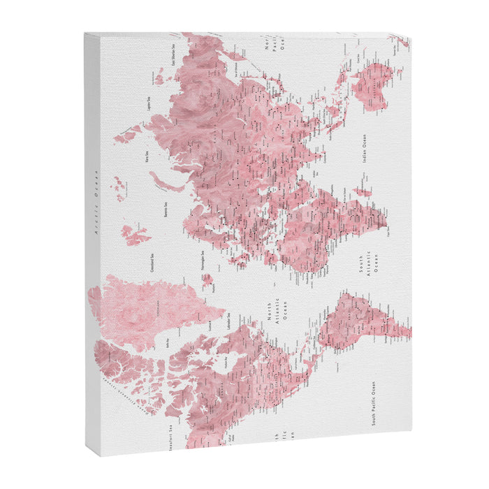 Light pink, muted pink and dusty pink watercolor world map with cities Canvas Print Gallery Image 1