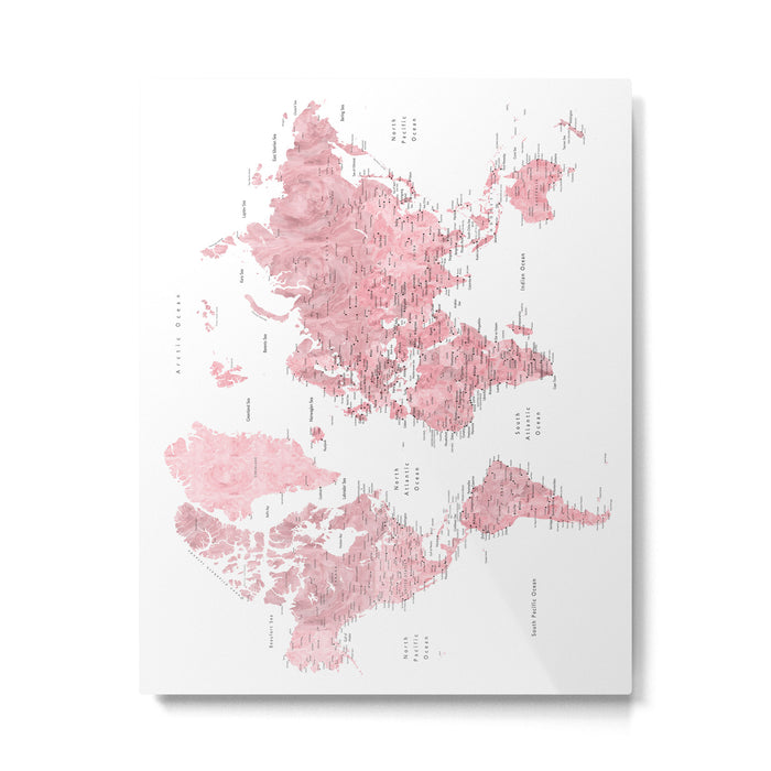 Light pink, muted pink and dusty pink watercolor world map with cities Metal Print Gallery Image 1