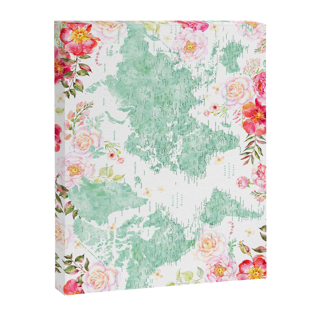 Mint green and hot pink watercolor world map with cities Canvas Print Gallery Image 6