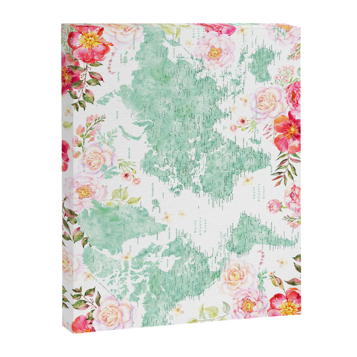 Mint green and hot pink watercolor world map with cities Canvas Print Gallery Image 6