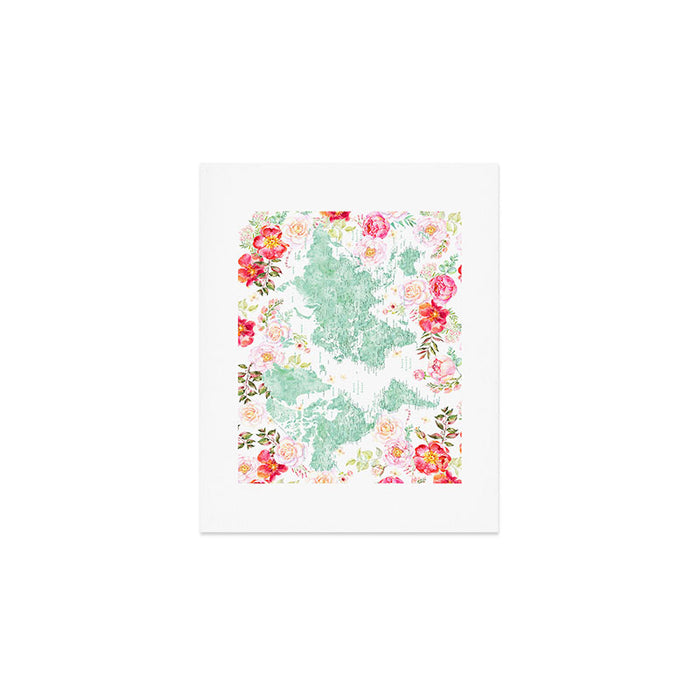 Mint green and hot pink watercolor world map with cities Art Print Gallery Image 1