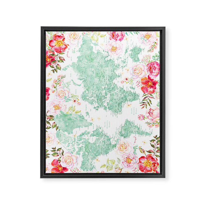 Mint green and hot pink watercolor world map with cities Framed Canvas Print Gallery Image 1