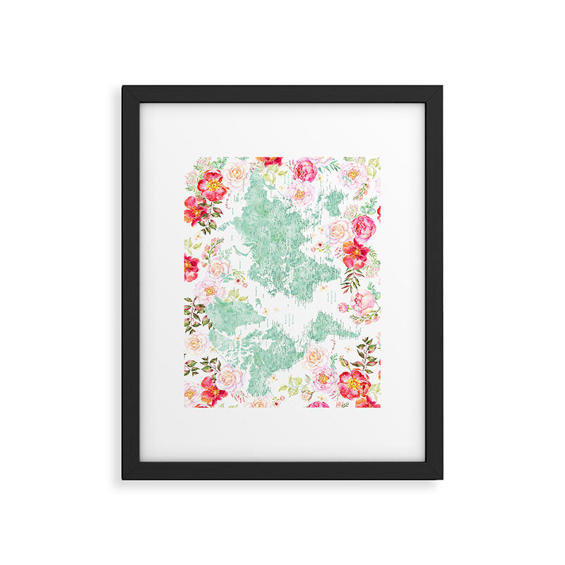 Mint green and hot pink watercolor world map with cities Framed Art Print Gallery Image 5