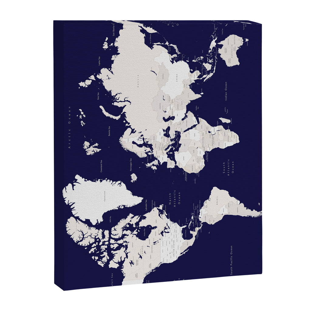 Navy blue and cream world map, "Austin" Canvas Print Gallery Image 6