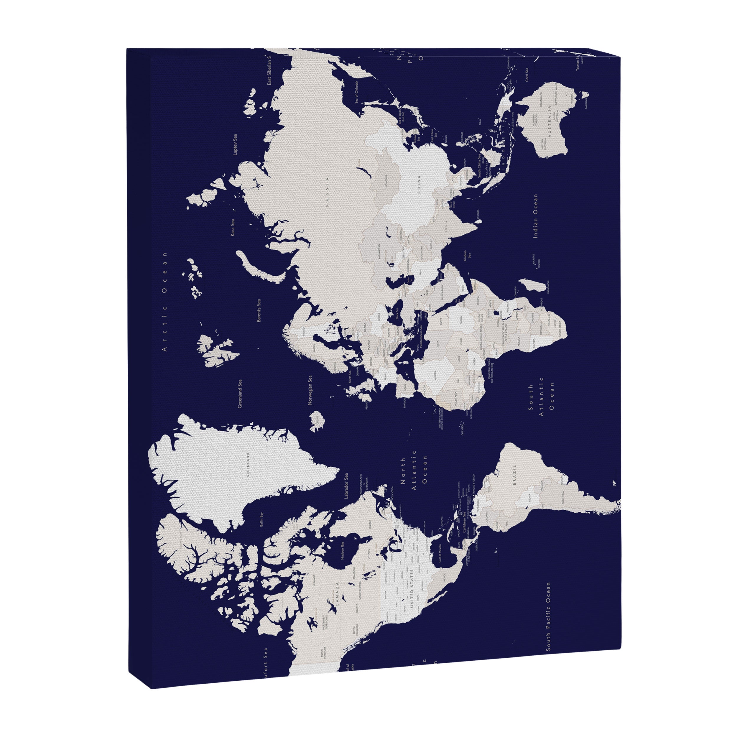 Navy blue and cream world map, "Austin" Canvas Print Gallery Image 6