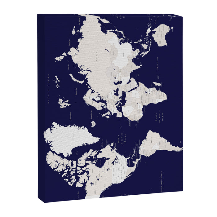 Navy blue and cream world map, "Austin" Canvas Print Gallery Image 1
