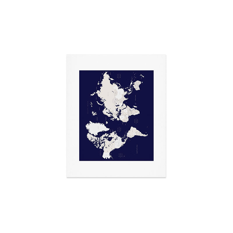 Navy blue and cream world map, "Austin" Art Print Gallery Image 1
