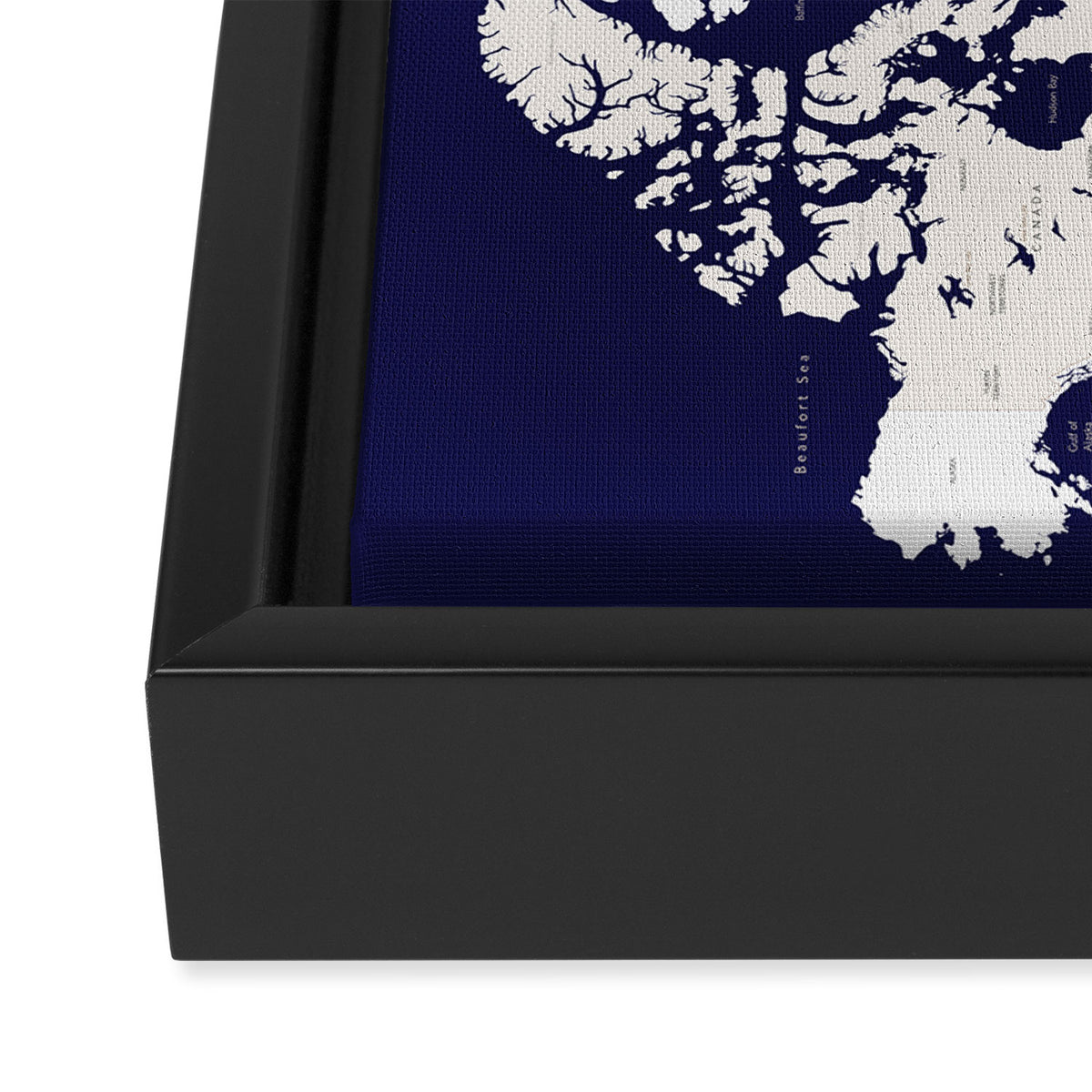Navy blue and cream world map, "Austin" Framed Canvas Print Gallery Image 3