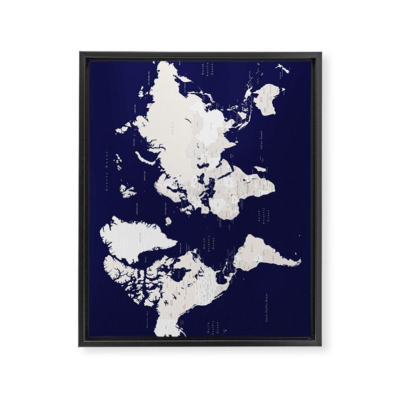 Navy blue and cream world map, "Austin" Framed Canvas Print Gallery Image 6
