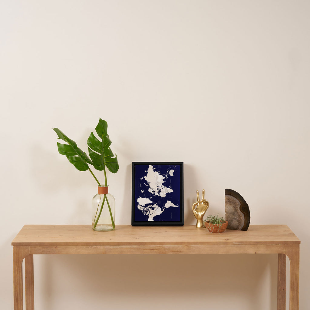 Navy blue and cream world map, "Austin" Framed Canvas Print Gallery Image 4