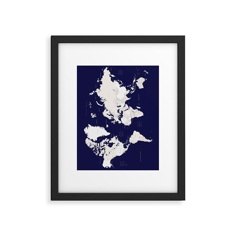 Navy blue and cream world map, "Austin" Framed Art Print Gallery Image 5