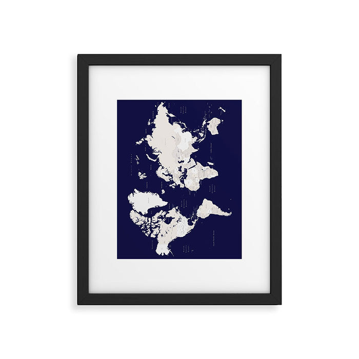 Navy blue and cream world map, "Austin" Framed Art Print Gallery Image 1