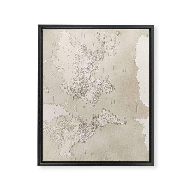 Sepia vintage world map with cities Framed Canvas Print Gallery Image 3