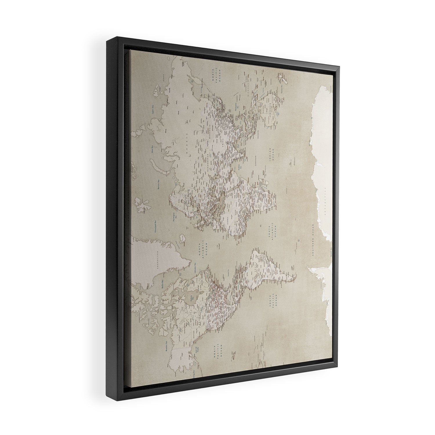 Sepia vintage world map with cities Framed Canvas Print Gallery Image 2