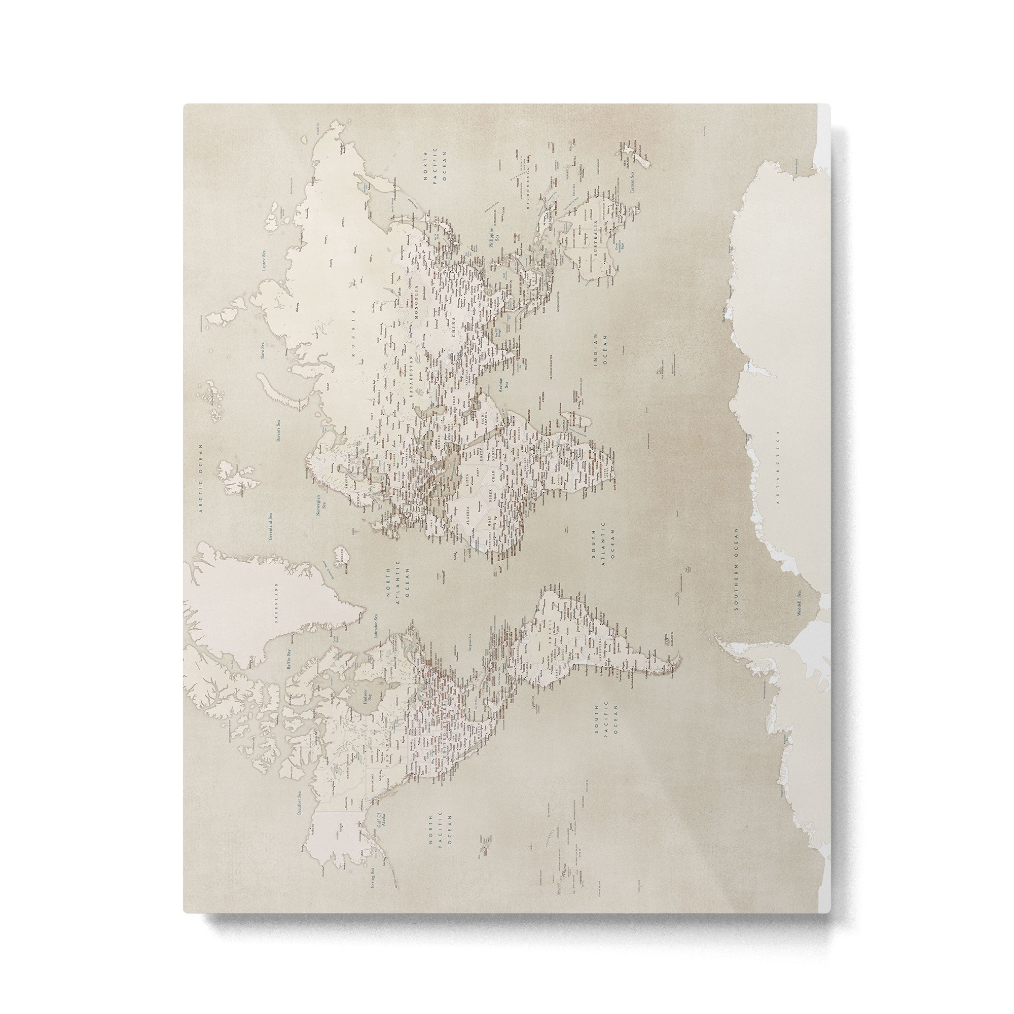 Sepia vintage world map with cities Metal Print Gallery Image 4