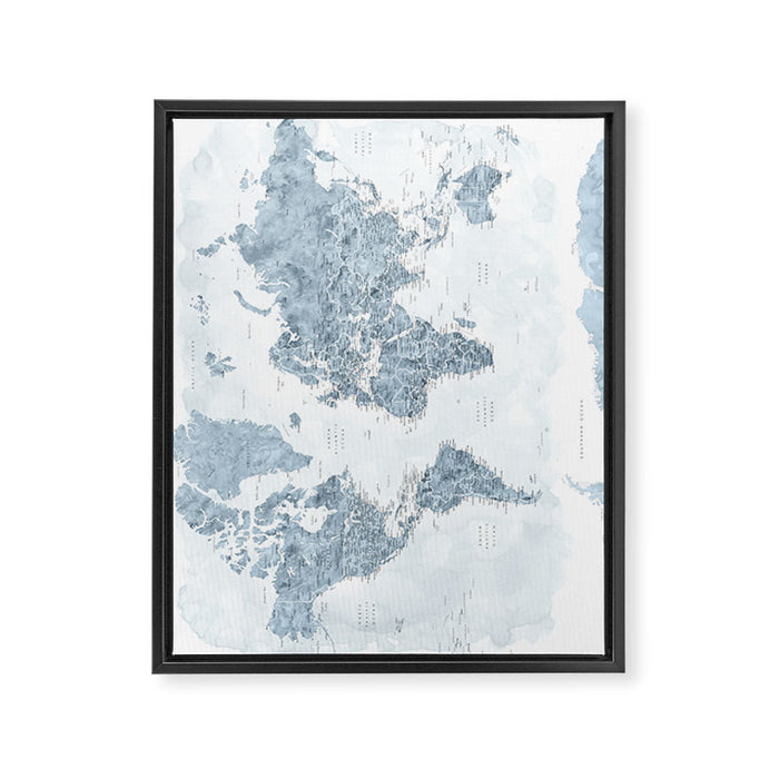 Steel watercolor detailed world map Raul Framed Canvas Print Gallery Image 1
