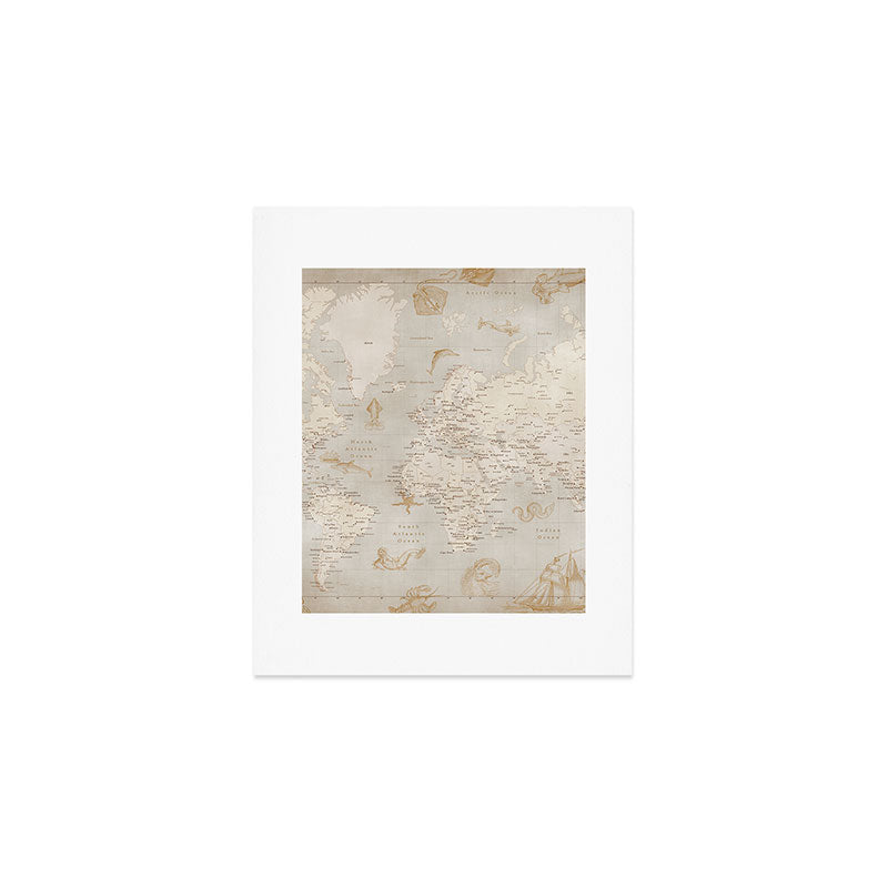 Vintage looking current world map with sea monsters and sail ships Art Print Gallery Image 1