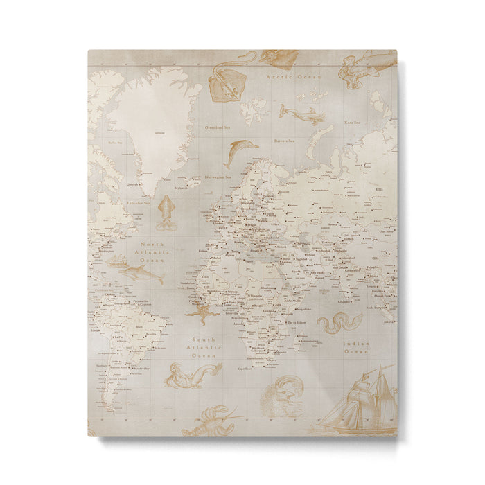 Vintage looking current world map with sea monsters and sail ships Metal Print Gallery Image 1