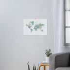 Watercolor world map in muted green and brown Art Print Gallery Image 3