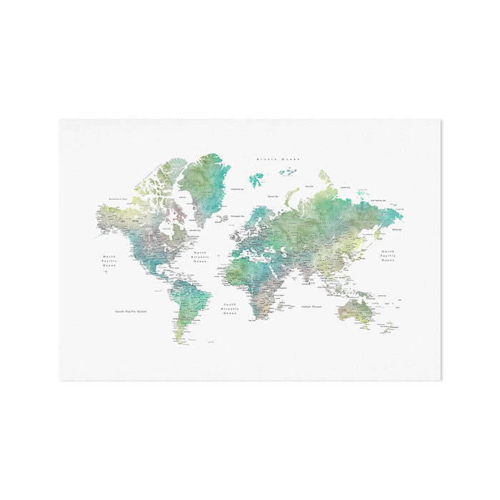 Watercolor world map in muted green and brown Art Print Gallery Image 1