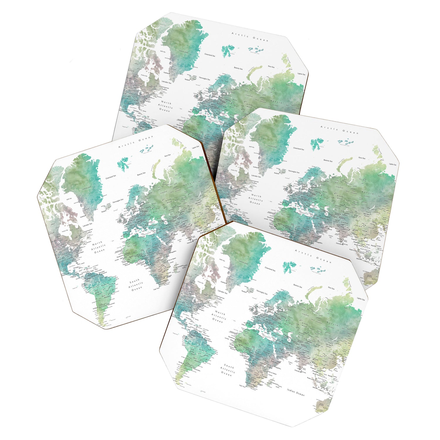 Watercolor world map in muted green and brown Coaster Gallery Image 1