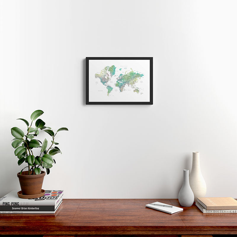 Watercolor world map in muted green and brown Framed Art Print Gallery Image 2
