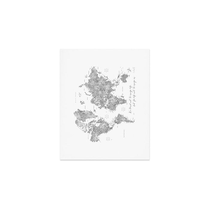 We travel not to escape life grayscale world map Art Print Gallery Image 1