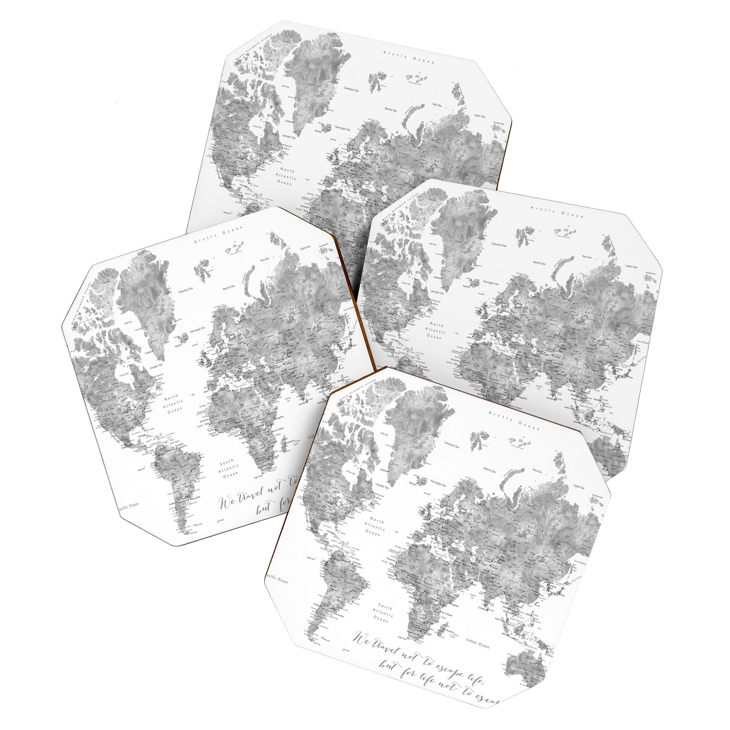 We travel not to escape life grayscale world map Coaster Gallery Image 1