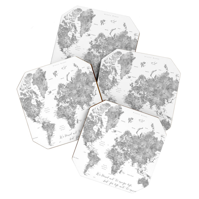 We travel not to escape life grayscale world map Coaster Gallery Image 1