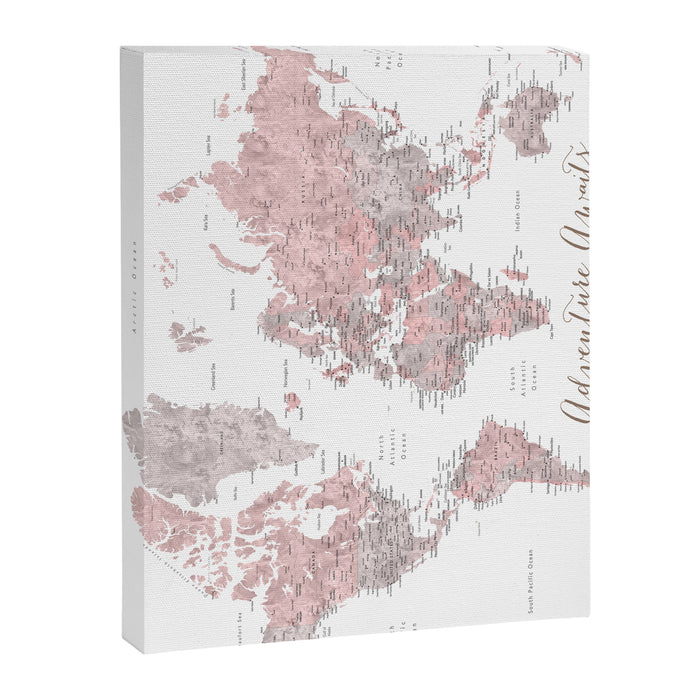 World map in dusty pink & grey watercolor, Adventure awaits Canvas Print Gallery Image 1